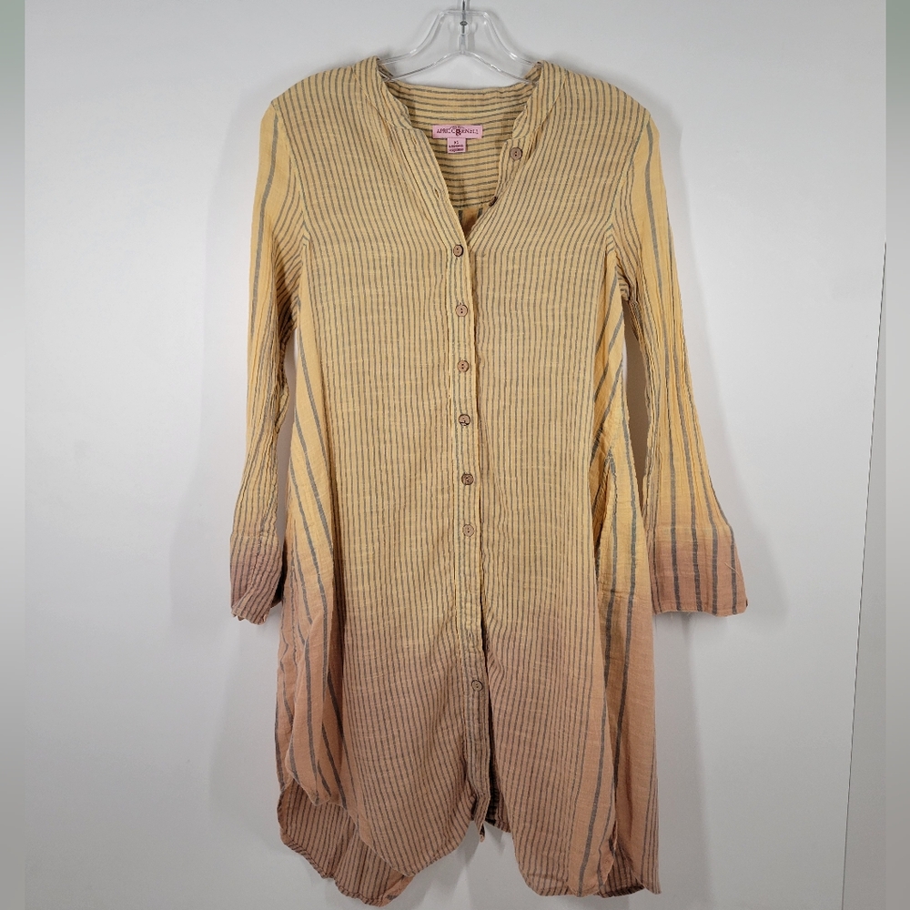 April Cornell Cottagecore Yellow Ombre Striped LS Shift Shirt Dress Pockets XS